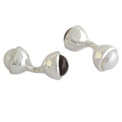 Cultured pearl and smoky quartz cufflinks, 'Luminous Mist'