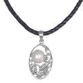 Eye of the Moon,'Sterling Silver Cultured Pearl Pendant Necklace with Leather'