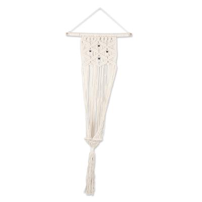 Natural Pride,'Handmade Ivory Cotton Hanging Planter with Mango Wood Beads'