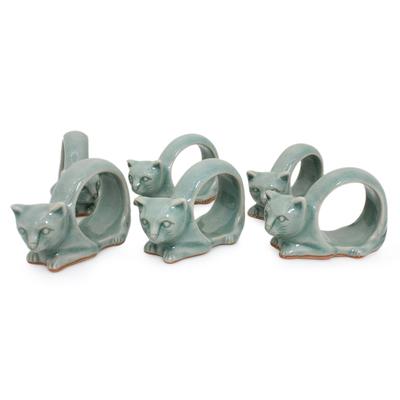 'Siamese Cat' (set of 6) - Celadon Ceramic Napkin Rings