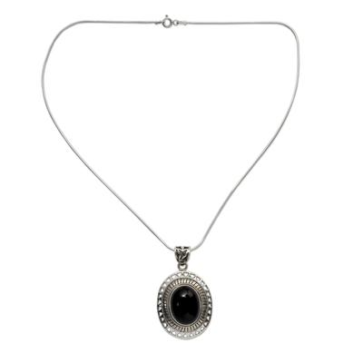 'Tribal Medallion' - Handmade Sterling Silver and Onyx Necklace from India