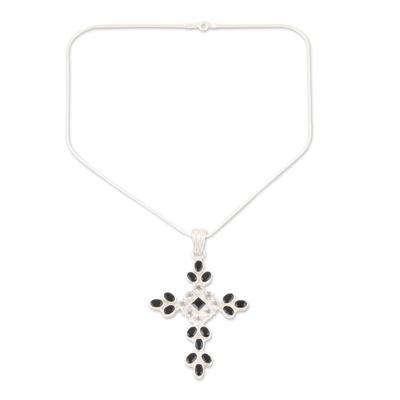 'Honesty' - Sterling Silver Onyx and Quartz Necklace Cross Jewelry