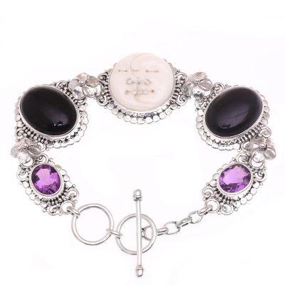 Midnight Duo,'Handcrafted Sterling Silver Onyx Amethyst Bone Bracelet'