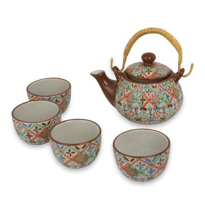 Ceramic tea set, 'Aztec Autumn' (set for 4)