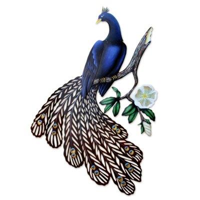 Steel wall art, 'Sapphire Peacock' - Unique Bird Wall Sculpture