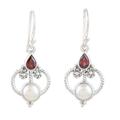 Crimson Mansion,'Sterling Silver Dangle Earrings with Pearls and Garnet Gems'