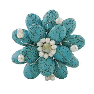 Pearl brooch pin, 'Blue Azalea' - Floral Turquoise...
