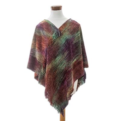 Wine Ceremony,'Handwoven Cotton Blend Poncho in a Vibrant Palette'