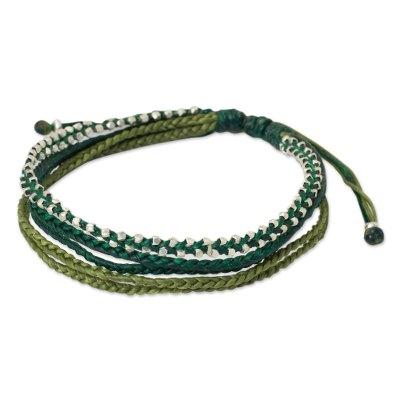 Silver beaded wristband bracelet, 'Fresh Green'