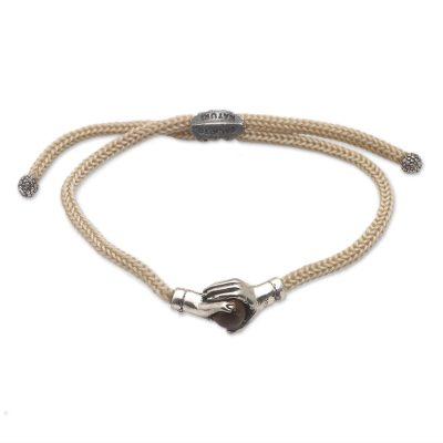 Silver Beige Handshake,'Bali Tiger's Eye & Sterling Silver Beige Cord Unity Bracelet'