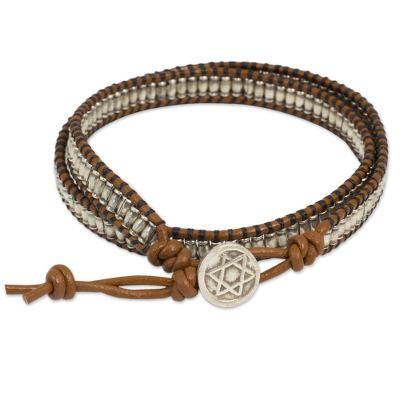 Silver and leather wrap bracelet, 'Satkona Yantra'