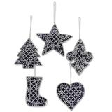 Navy Christmas,'Set of Five Beaded Christmas Ornaments by Indian Artisans'