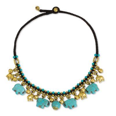 Waterfall necklace, 'Blue Elephant Charm'
