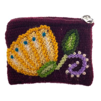 Goldenrod Nature,'Handloomed Yellow and Cordovan Wool Coin Purse from Peru'