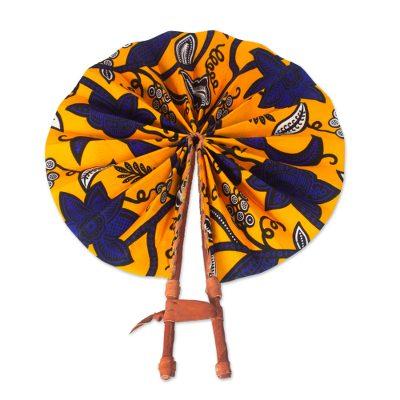 Ray of Sunshine,'Handcrafted Tangerine Cotton and Leather Fan from Ghana'