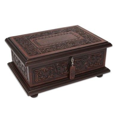 Mohena wood and leather jewelry box, 'Spanish Heritage'