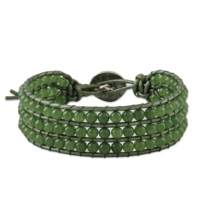 Verdant Field,'Green Quartz and Karen Silver Button Wristband Bracelet'
