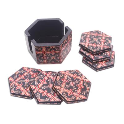 Hexagon Batik,'Truntum Motif Batik Wood Coasters from Java (Set of 6)'