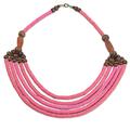 Wend Panga in Pink,'Artisan Pink Bead Necklace with Sese Wood Agate and Leather'