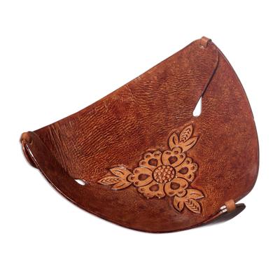 Sunflower Charm,'Artisan Crafted Brown Leather Sunflower Catchall from Peru'