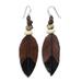 Leather dangle earrings, 'Leaf Feather'