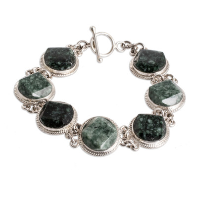 Glamorous Flair,'Sterling Silver Light and Dark Green Jade Link Bracelet'