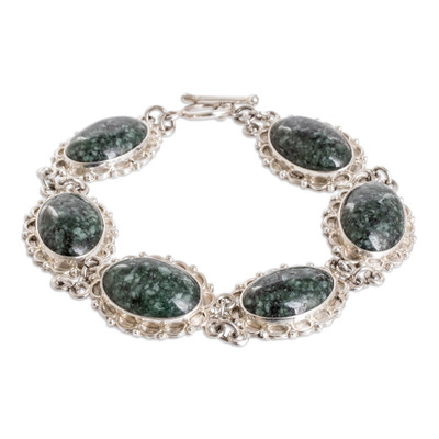Maya Queen,'Sterling Silver Link Bracelet with Dark Green Jade Stones'