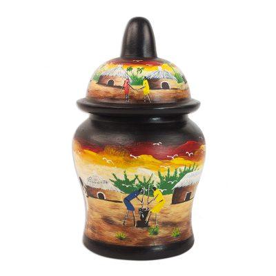 'Hand-Painted Village Scene Wood Decorative Jar from Ghana'