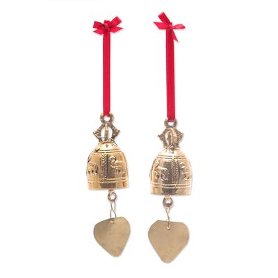 Elephant Tune,'Pair of Brass Bell Ornaments with E...