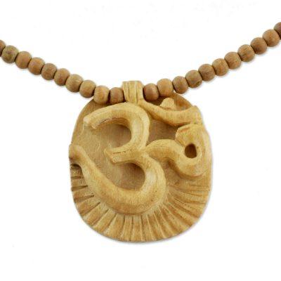 Wood pendant necklace, 'Vedic Om'