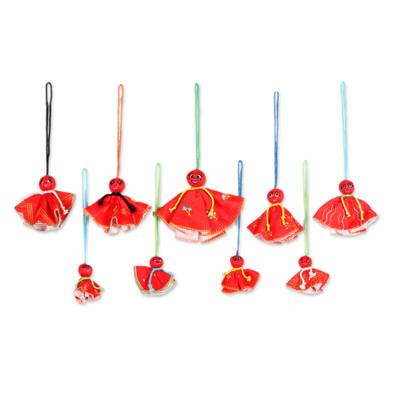 Red Chekutty Dolls,'Set of 9 Embroidered Viscose Doll Holiday Ornaments in Red'