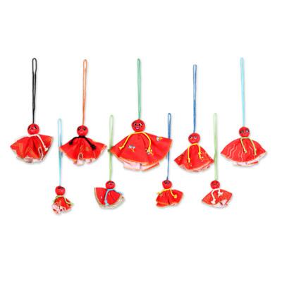 Red Chekutty Dolls,'Set of 9 Embroidered Viscose Doll Holiday Ornaments in Red'