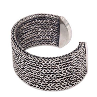 Horseshoe Braids,'Wide Textured Sterling Silver Cuff Bracelet from Bali'
