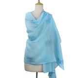Blue Floral Passion,'Chikan Embroidered Cotton and Silk Blend Shawl in Blue'