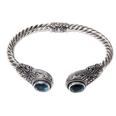 Bali Handcrafted Hinged Silver Blue Topaz Cuff Bracelet 'Empress of Gelgel'