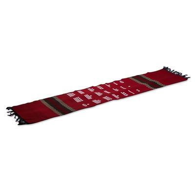 Red Maya Math,'Handwoven Red Cotton Table Runner w...
