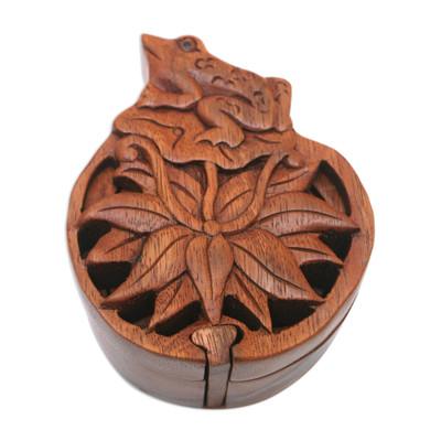 Fortune Lotus,'Hand-Carved Frog and Lotus-Themed Suar Wood Puzzle Box'