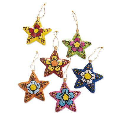 'Ceramic Star Ornaments With Hand-Painted Flowers (Set of 6)'