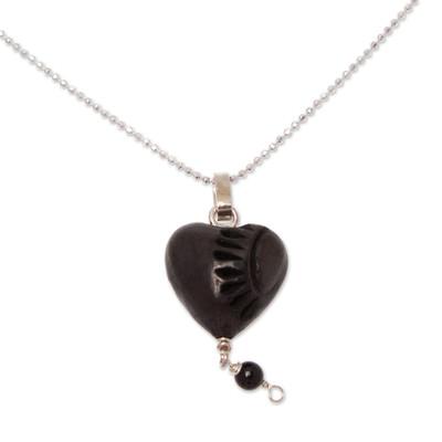 'Floral and Heart-Themed Barro Negro Ceramic Pendant Necklace'