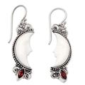 Natural Moonlight,'Garnet and Silver Crescent Moon Dangle Earrings from Bali'