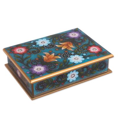 'Floral Reverse-Painted Glass Decorative Box in Blue'
