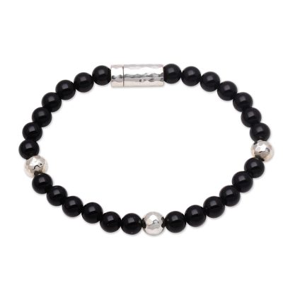 Hammered Beauty,'Onyx and Hammered Silver Beaded Bracelet from Bali'