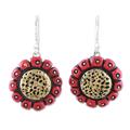 Modern Sunflower,'Handcrafted Red and Gold Ceramic Sunflower Dangle Earrings'
