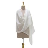 Blossoming Bouquet,'Warm White Embroidered Sheer Cotton and Silk Blend Shawl'