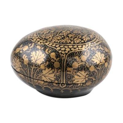 Golden Chinar Leaves,'India Handmade Golden Leaf Black Papier Mache Box (3 inch)'