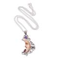 Celestial Warmth,'Sterling Silver Pendant Necklace with Gems and Moon Motifs'