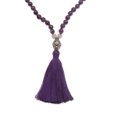 Meditative Evening,'Amethyst and Rose Quartz Pendant Necklace from Bali'