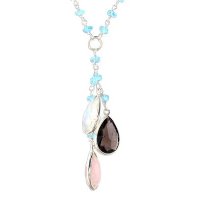 Dawn Dew,'Multi-Gemstone and Sterling Silver Link Pendant Necklace'