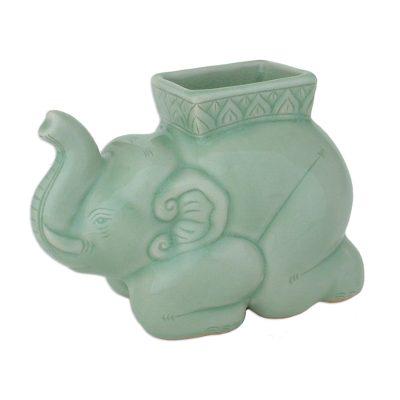 Kneeling Elephant,'Handcrafted Celadon Ceramic Pencil Stand'