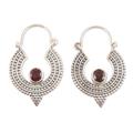 Cradle Moon,'Oxidized Sterling Silver Hoop Earrings with Red Garnet'